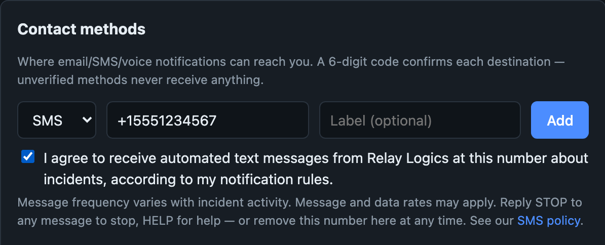 Relay dashboard contact-method form with SMS selected, an explicit automated-messages consent checkbox, and message-frequency / rates / STOP disclosures
